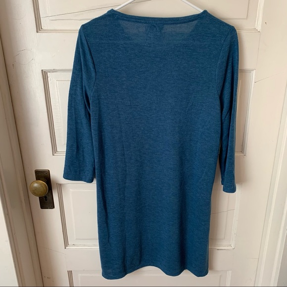 Chico Teal Blue Tunic Slits at Hips 3/4 Sleeve High Neck Long Light Sweater - Picture 6 of 11